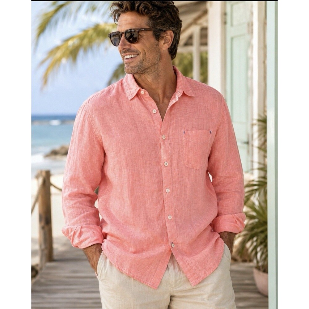 Tommy Bahama Relax Linen Shirt Men's Large Coral Pink Coastal Beach Vacation